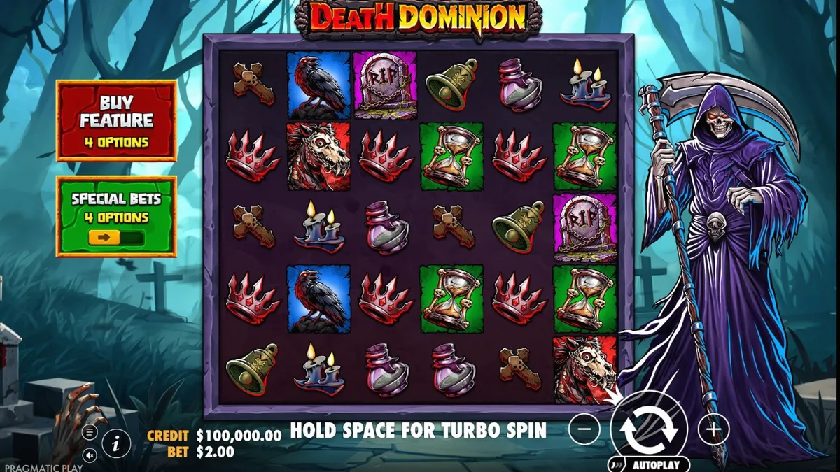 Tampilan visual slot Death Dominion dengan tema horor gothic dan Malaikat Maut